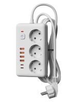 Удлинитель с сетевым фильтром 3х3м 10А 4USB + 2USBC 2500Вт ПВС 3х1 прямоуг. бел. КОСМОС FKsm3m-3gPF(W)USB