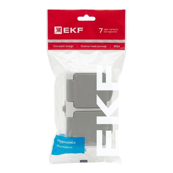 Розетка 2-м ОП Мурманск 16А IP54 с заземл. защ. шторки с крышкой сер. EKF EFR16-129-30-54