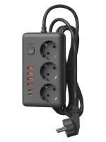 Удлинитель с сетевым фильтром 3х3м 10А 4USB + 2USBC 2500Вт ПВС 3х1 прямоуг. черн. КОСМОС FKsm3m-3gPF(B)USB