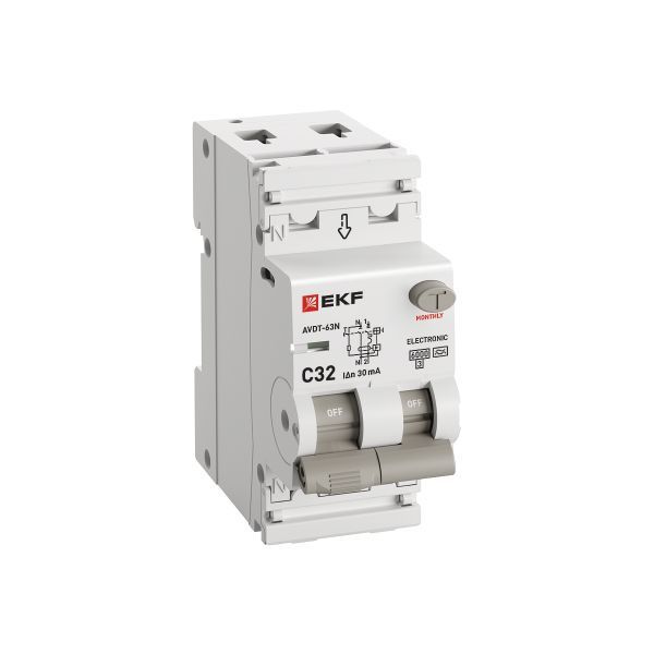 Выключатель автоматический дифференциального тока 2п (1P+N) C 32А 30мА тип A 6кА АВДТ-63N (электрон.) PROxima EKF D63N26EA32C30
