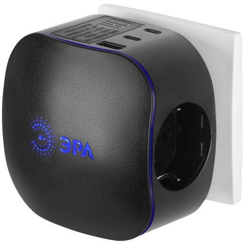 Разветвитель 3-м SP-3e-3USBAC-B + 3 USB A+C с заземл. со шторками 16А черн. Эра Б0069082
