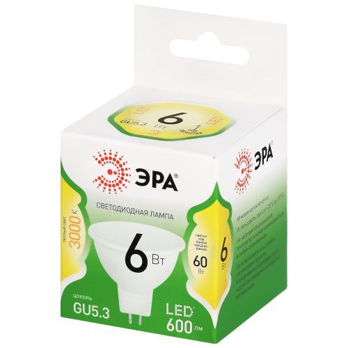 Лампа светодиодная GREEN LINE MR16-6W-830-GU5.3 GL 6Вт софит 3000К свет тепл. GU5.3 Эра Б0067076