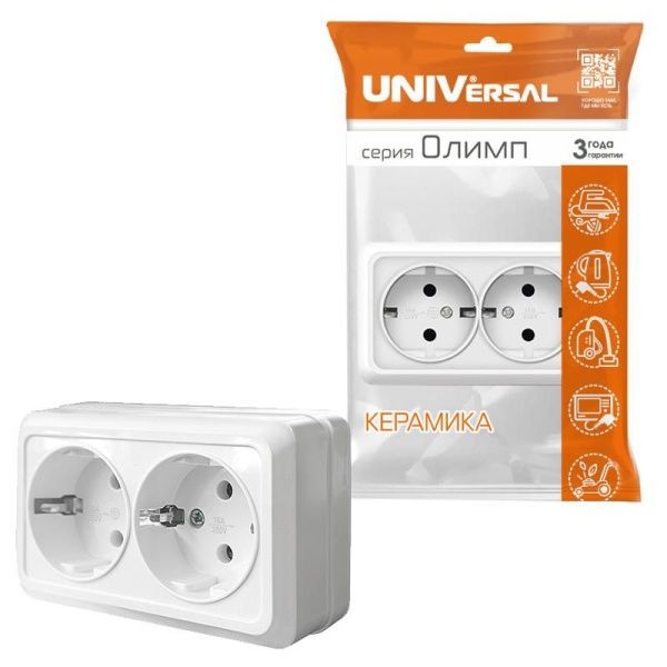 Розетка 2-м ОП Олимп 16А IP20 с заземл. бел. UNIVersal О0128