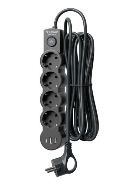Удлинитель 3х5м с заземл. 10А IP20 USB 2500Вт 220В ПВС 3х1 с выкл. черн. КОСМОС YKsm5m4g-Z-VU10А-B