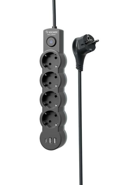 Удлинитель 3х1.5м с заземл. 10А IP20 USB 2500Вт 220В ПВС 3х1 с выкл. черн. КОСМОС YKsm1.5m4g-Z-VU10А-B