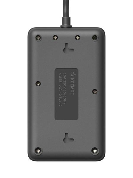 Удлинитель с сетевым фильтром 3х3м 10А 4USB + 2USBC 2500Вт ПВС 3х1 прямоуг. черн. КОСМОС FKsm3m-3gPF(B)USB