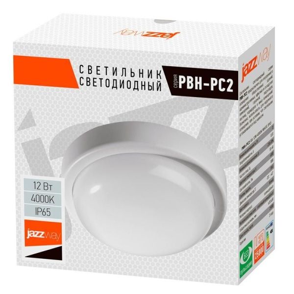 Светильник светодиодный "Банник" PBH-PC2-RA 12Вт 4000К IP65 ЖКХ ДБП кругл. пылевлагозащ. бел. JazzWay 1035660