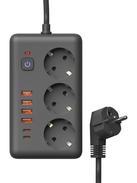 Удлинитель с сетевым фильтром 3х3м 10А 4USB + 2USBC 2500Вт ПВС 3х1 прямоуг. черн. КОСМОС FKsm3m-3gPF(B)USB