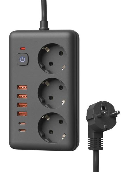 Удлинитель с сетевым фильтром 3х3м 10А 4USB + 2USBC 2500Вт ПВС 3х1 прямоуг. черн. КОСМОС FKsm3m-3gPF(B)USB
