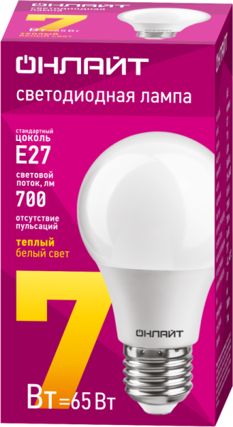 Лампа светодиодная 71 647 OLL-A60-7-230-2.7K-E27 7Вт грушевидная 2700К тепл. бел. E27 700лм 176-264В ОНЛАЙТ 71647