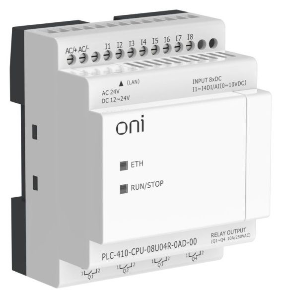 Модуль ЦПУ ПЛК 410 4 DI 4 UI (0-10 В/DI) 4 RO 12В-24В DC или 24В AC с Ethernet портом без экрана ONI PLC-410-CPU-08U04R-0AD-00
