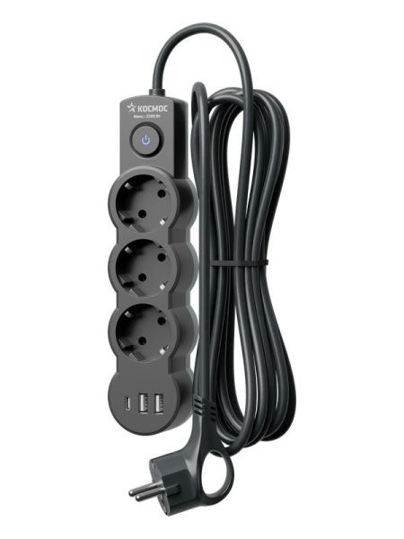 Удлинитель 3х3м с заземл. 10А IP20 USB 2800Вт 220В ПВС 3х1 с выкл. черн. КОСМОС YKsm3m3g-Z-VU10А-B