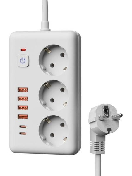 Удлинитель с сетевым фильтром 3х3м 10А 4USB + 2USBC 2500Вт ПВС 3х1 прямоуг. бел. КОСМОС FKsm3m-3gPF(W)USB