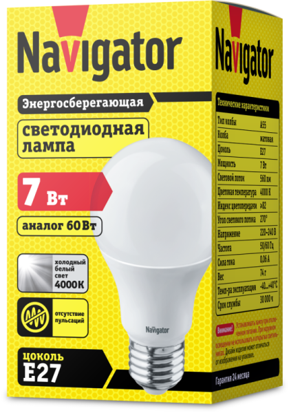Лампа светодиодная 94 386 NLL-A60-7-230-4K-E27 7Вт грушевидная 4000К нейтр. бел. E27 560лм 176-264В Navigator 94386