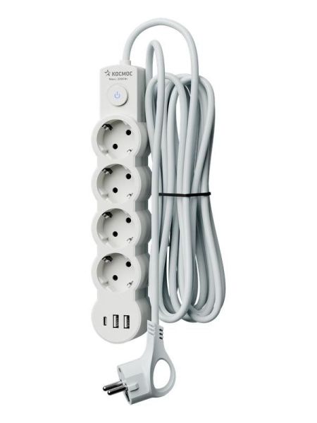 Удлинитель 4х3м с заземл. 10А IP20 USB type-Aх2 + type-C 2500Вт 220В ПВС 3х1 с выкл. бел. КОСМОС YKsm3m4g-Z-VU10А-W