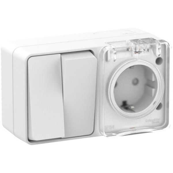 Блок ОП AtlasDesign PROFI IP54 (розетка 1-м 16А заземл. защ. шторки + 2-кл. выключатель 10А) бел. SE ATN540174