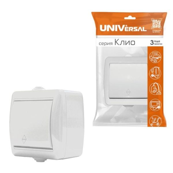 Переключатель проходной 1-кл. ОП Клио 10А IP44 бел. UNIVersal К2230