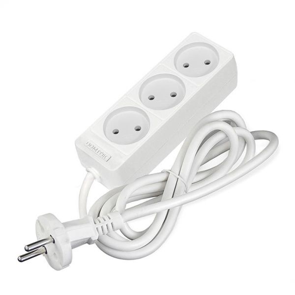 Удлинитель 3х1.5м без заземл. 10А IP20 2.2кВт ПВС 2х1 бел. DOMTOK 2349