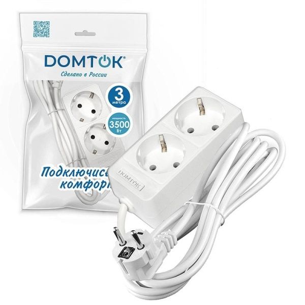 Удлинитель 2х3м с заземл. 16А IP20 3.5кВт ПВС 3х1 бел. DOMTOK 2386
