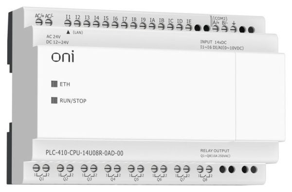 Модуль ЦПУ ПЛК 410 8 DI 6 UI (0-10В/DI) 8 RO 12В-24В DC или 24В AC с Ethernet портом без экрана ONI PLC-410-CPU-14U08R-0AD-00