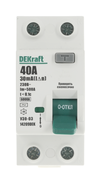 Выключатель дифференциального тока (УЗО) 2п 40А 30мА тип AC 6кА УЗО-03 DEKraft 14209DEK