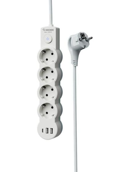 Удлинитель 4х5м с заземл. 10А IP20 USB type-Aх2 + type-C 2500Вт 220В ПВС 3х1 с выкл. бел. КОСМОС YKsm5m4g-Z-VU10А-W