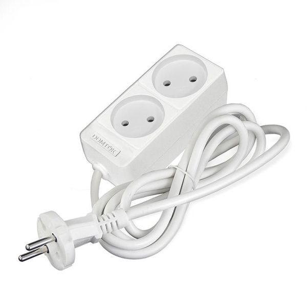 Удлинитель 2х1.5м без заземл. 10А IP20 2.2кВт ПВС 2х1 бел. DOMTOK 2344
