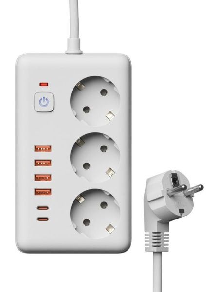 Удлинитель с сетевым фильтром 3х3м 10А 4USB + 2USBC 2500Вт ПВС 3х1 прямоуг. бел. КОСМОС FKsm3m-3gPF(W)USB