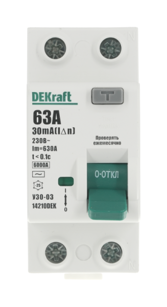 Выключатель дифференциального тока (УЗО) 2п 63А 30мА тип AC 6кА УЗО-03 DEKraft 14210DEK