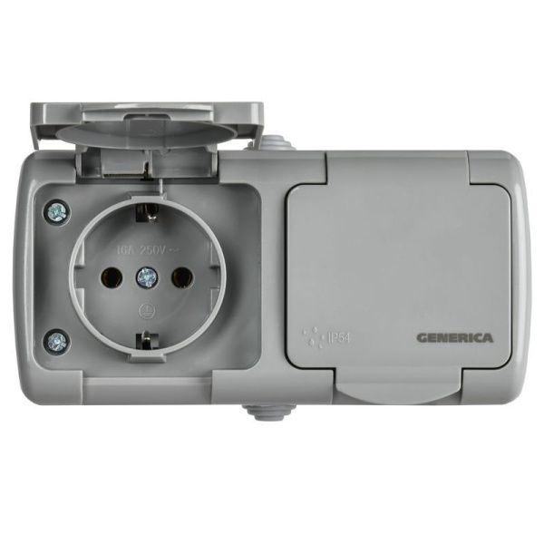 Розетка 2-м ОП AQUATIC РСш22-2-А 16А IP54 с заземл. с крышкой GENERICA ERA22-K03-16-54