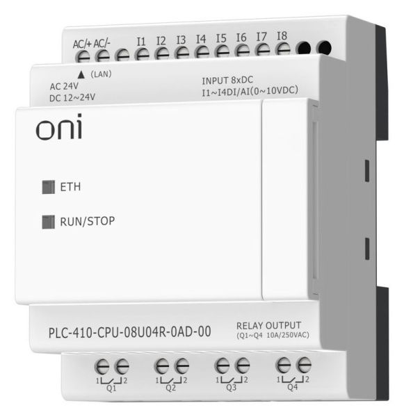 Модуль ЦПУ ПЛК 410 4 DI 4 UI (0-10 В/DI) 4 RO 12В-24В DC или 24В AC с Ethernet портом без экрана ONI PLC-410-CPU-08U04R-0AD-00