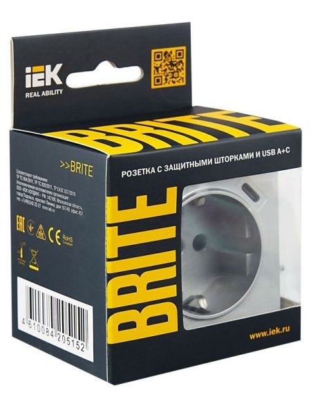 Розетка BRITE РЮш11-1-БрА 16А с USB A+C 18Вт с заземл. защ. шторки механизм алюм. IEK BR-R14-16-U22-018-K47