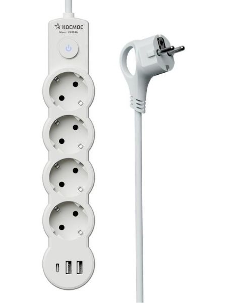 Удлинитель 4х3м с заземл. 10А IP20 USB type-Aх2 + type-C 2500Вт 220В ПВС 3х1 с выкл. бел. КОСМОС YKsm3m4g-Z-VU10А-W