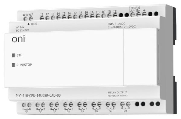 Модуль ЦПУ ПЛК 410 8 DI 6 UI (0-10В/DI) 8 RO 12В-24В DC или 24В AC с Ethernet портом без экрана ONI PLC-410-CPU-14U08R-0AD-00