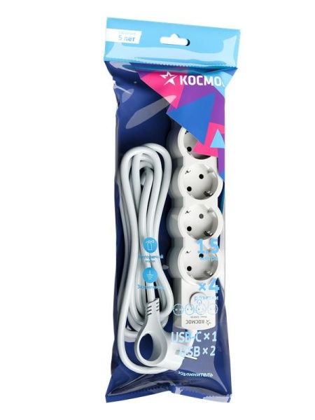 Удлинитель 4х1.5м с заземл. 10А IP20 USB type-Aх2 + type-C 2500Вт 220В ПВС 3х1 с выкл. бел. КОСМОС YKsm1.5m4g-Z-VU10А-W